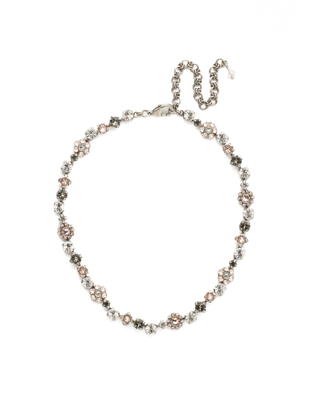 Classic Floral Tennis Necklace - NBE2ASSNB - <p>Put an extra spring in your step! This classic necklace features a combination of round and floral cluster crystals to add a sweet romantic touch to your everyday look. From Sorrelli's Snow Bunny collection in our Antique Silver-tone finish.</p>