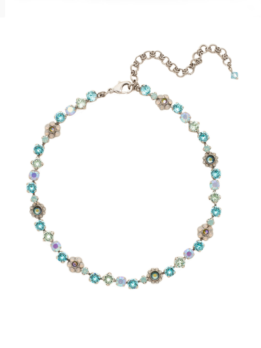 Classic Floral Tennis Necklace - NBE2ASTT - <p>Put an extra spring in your step! This classic necklace features a combination of round and floral cluster crystals to add a sweet romantic touch to your everyday look. From Sorrelli's Teal Textile collection in our Antique Silver-tone finish.</p>