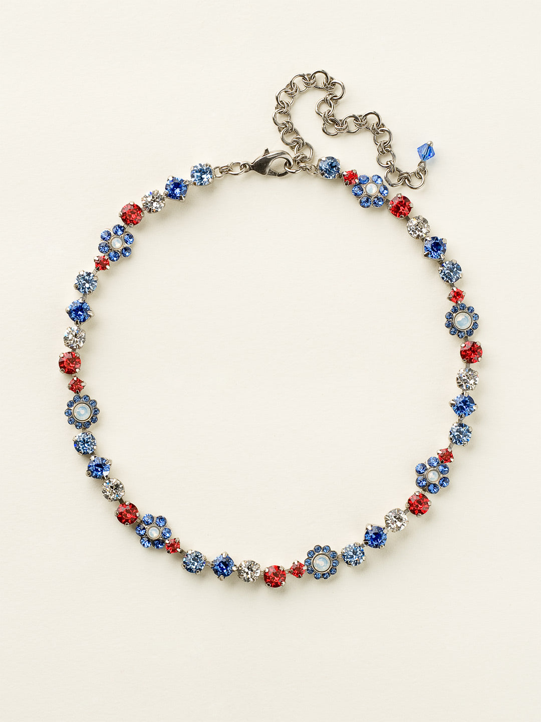 Classic Floral Tennis Necklace - NBE2ASUSA - <p>Put an extra spring in your step! This classic necklace features a combination of round and floral cluster crystals to add a sweet romantic touch to your everyday look. From Sorrelli's Stars and Stripes collection in our Antique Silver-tone finish.</p>