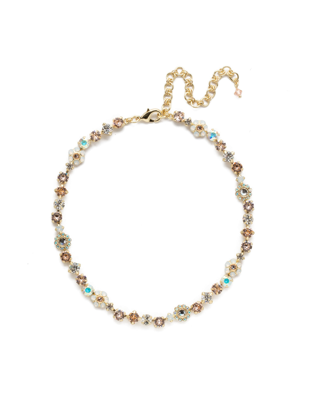 Classic Floral Tennis Necklace - NBE2BGSCL - <p>Put an extra spring in your step! This classic necklace features a combination of round and floral cluster crystals to add a sweet romantic touch to your everyday look. From Sorrelli's Silky Clouds collection in our Bright Gold-tone finish.</p>