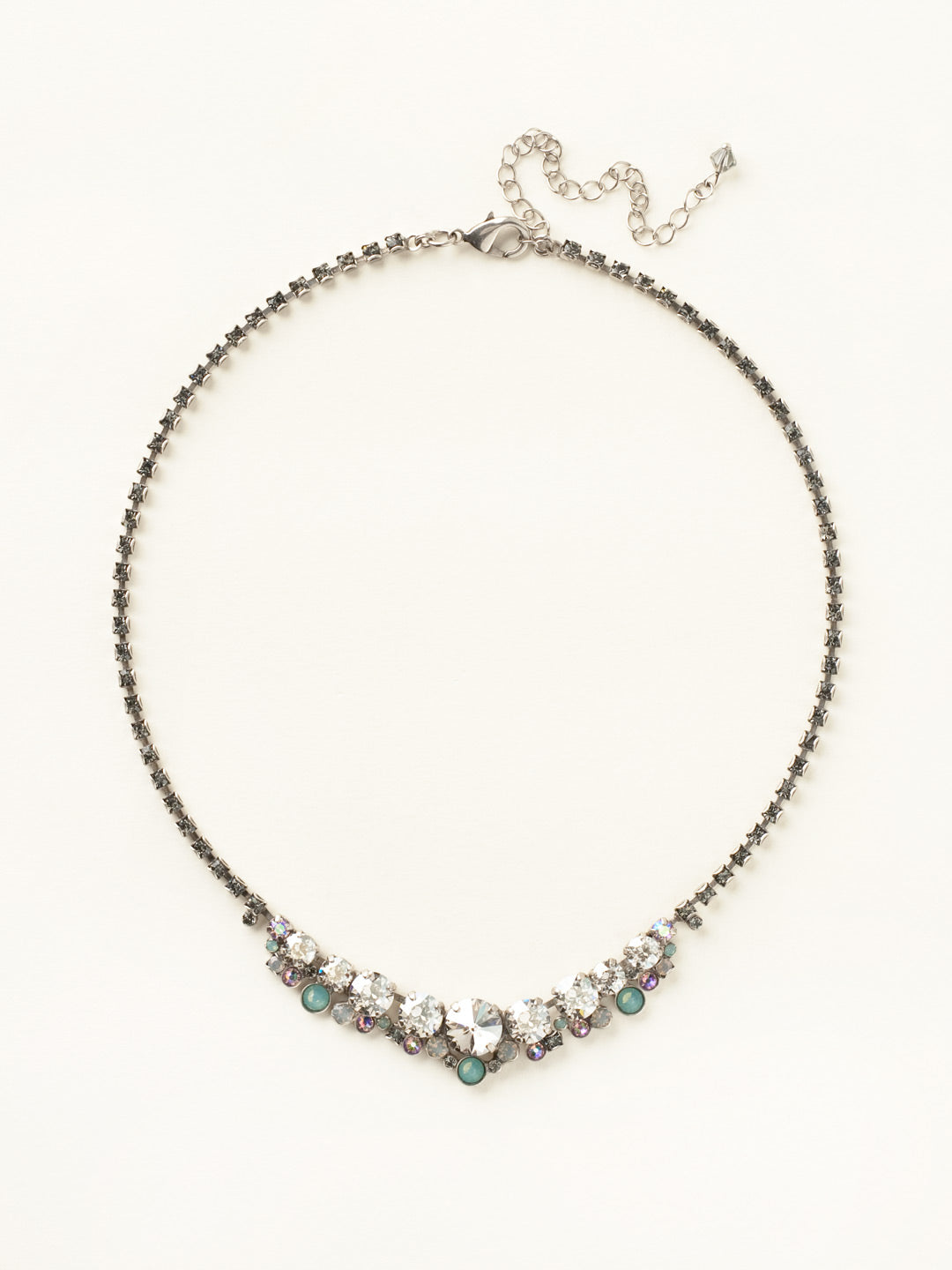 Multi-cut Round Crystal Cluster Line Necklace - NCW11ASCRM - A little sparkle can go a long way! This petite necklace contains clusters of round crystals on a rhinestone encrusted chain for the perfect understated look.