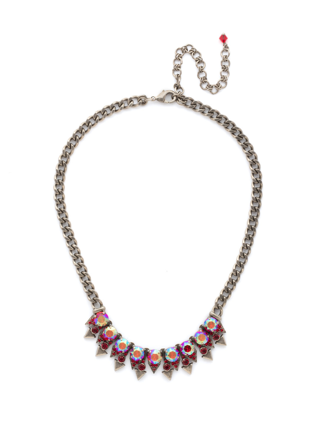 Crystal and Metal Spike Necklace Tennis Necklace - NCW18ASCB - <p>Tough meets sweet! A row of crystal and metal spikes sit below delicate, round stones to give you a touch of tough chic. From Sorrelli's Cranberry collection in our Antique Silver-tone finish.</p>