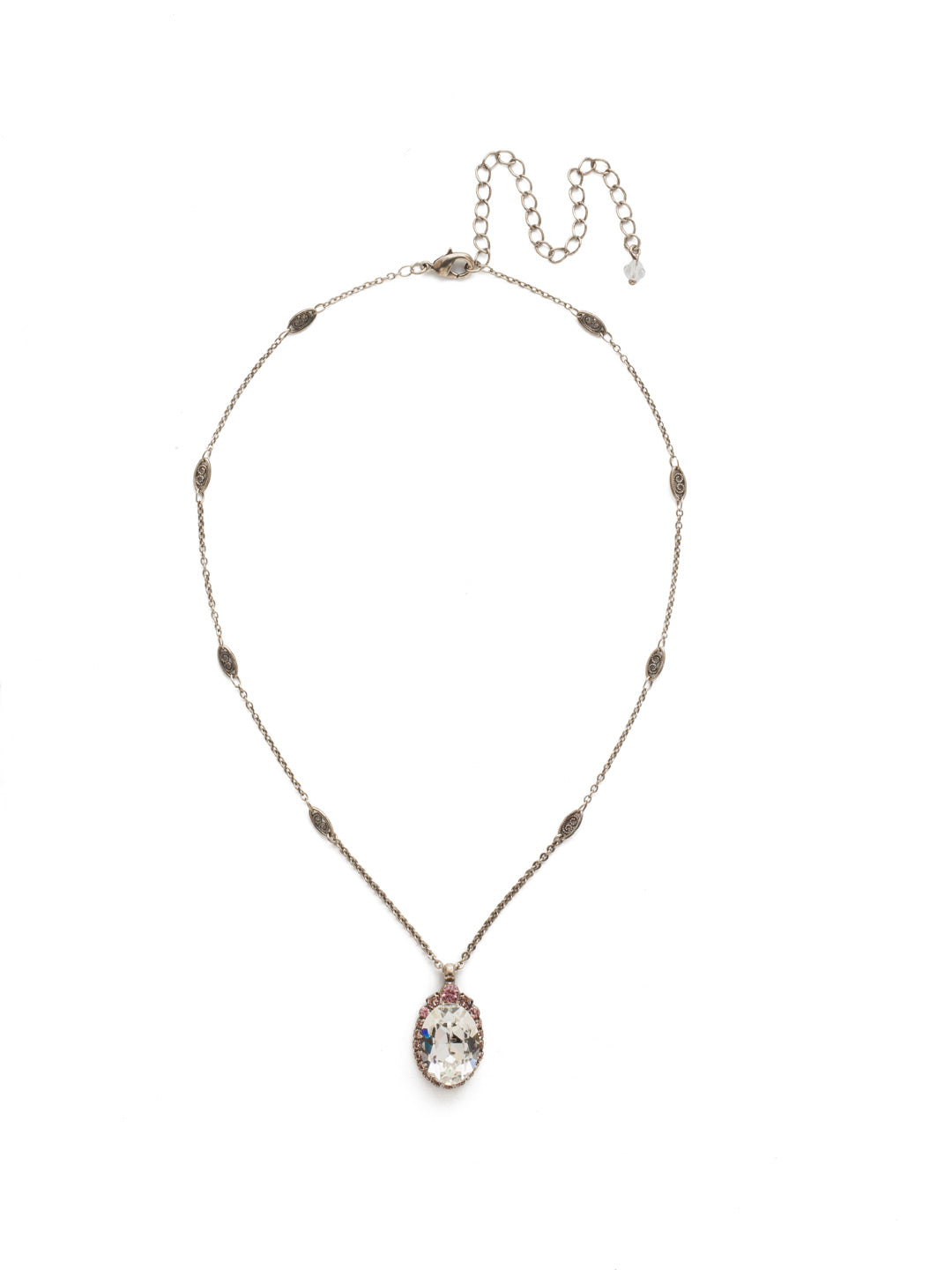 Outright Oval Necklace - NDM44ASCRR - <p>A crystal-adorned oval on a filigree detailed chain offers outright beautiful styling. From Sorrelli's Crystal Rose collection in our Antique Silver-tone finish.</p>