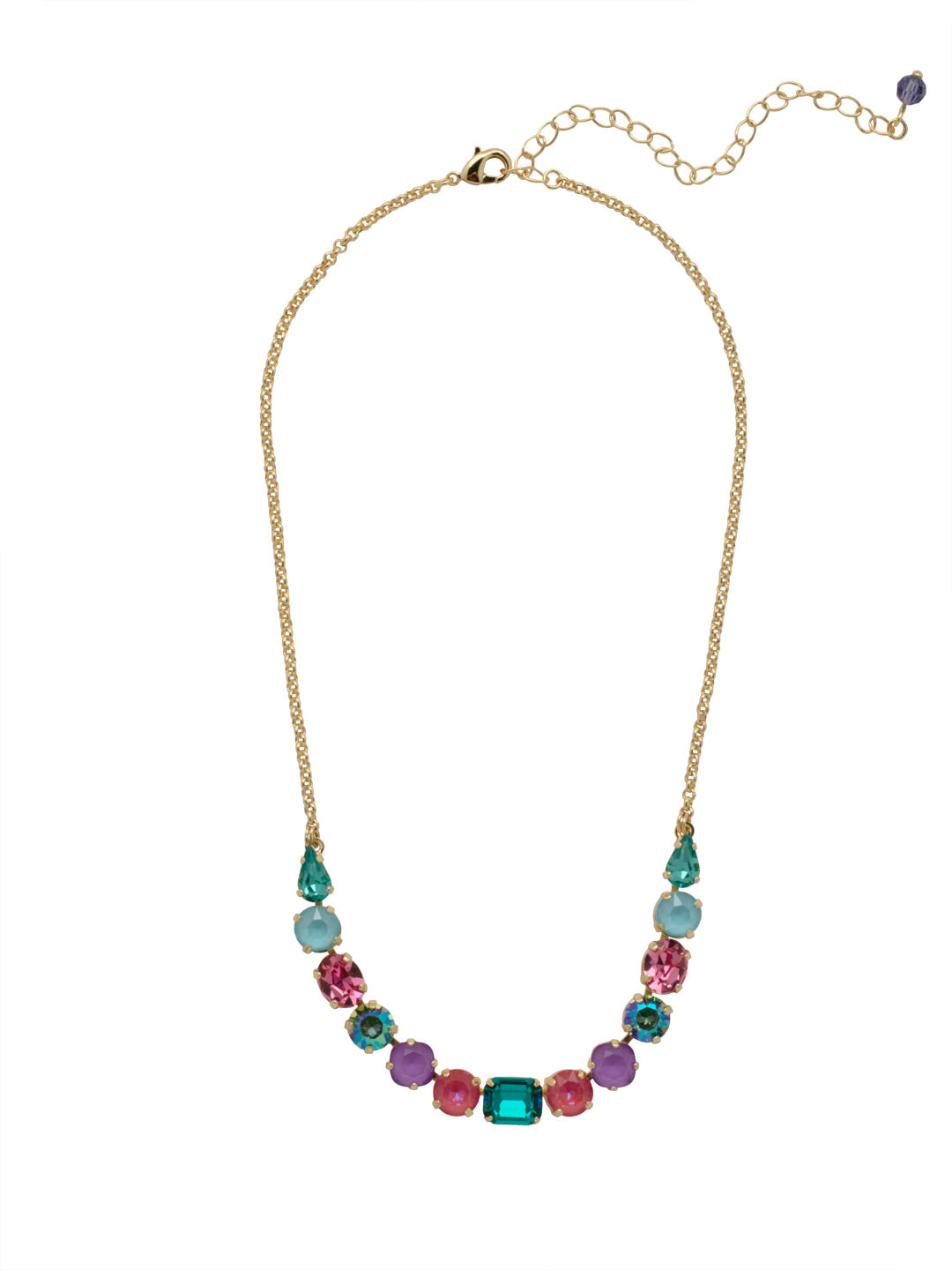 Tansy Half Line Tennis Necklace - NDQ14BGHBR - <p>Oval, round, emerald, pear and cushion cut crystals are accented by a delicate chain for subtle sparkle that looks great layered or worn solo. (16-20 inches) From Sorrelli's Happy Birthday Redux collection in our Bright Gold-tone finish.</p>