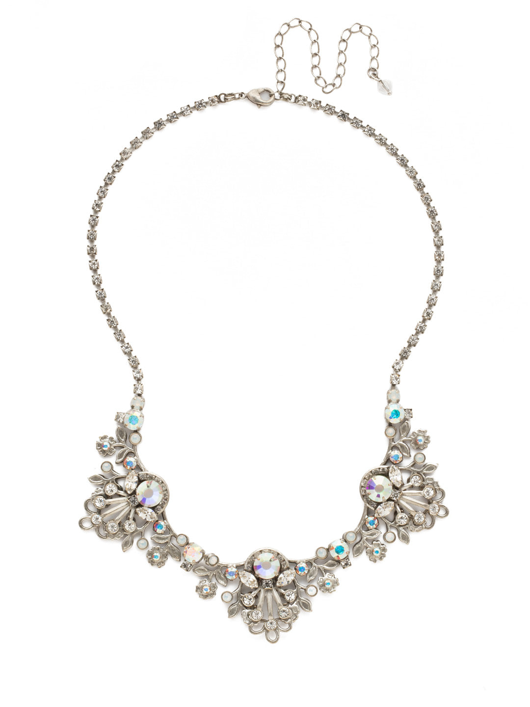 Linden Statement Necklace - NDT18ASWBR - Feminine, floral metalwork is accented with a mixture of round and navette crystals. From Sorrelli's White Bridal collection in our Antique Silver-tone finish.