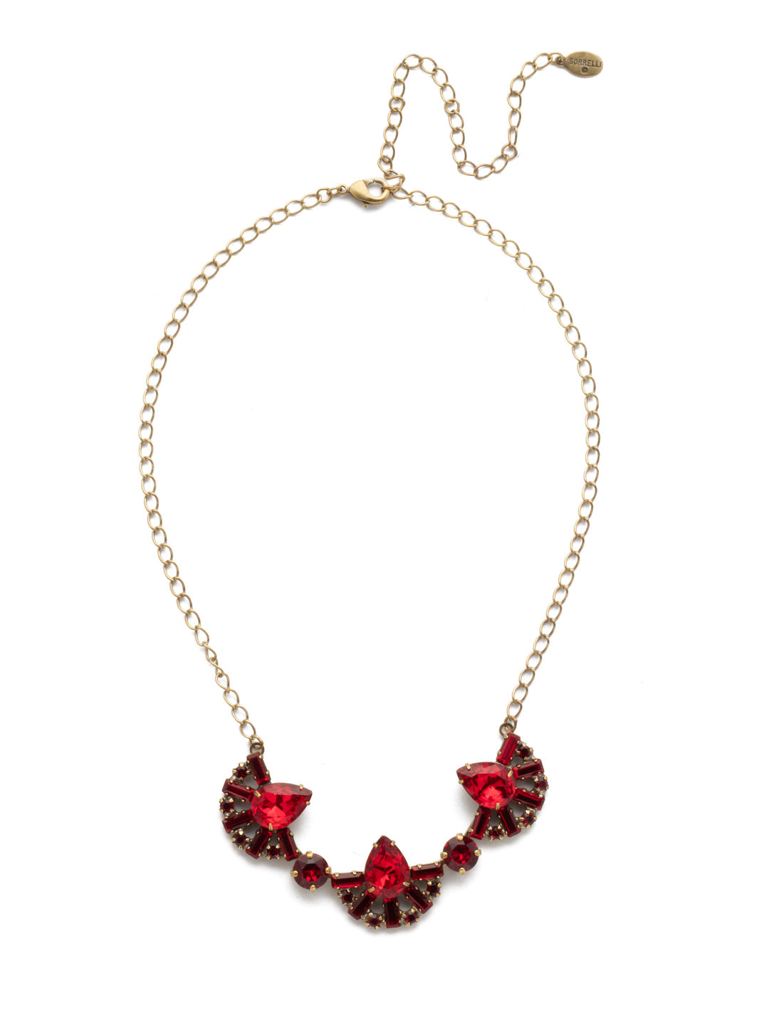 Lysa Bib Necklace - NEF2AGSNR - A beautiful collection of shimmering fans sparkle at the end of this chain link necklace. This can be easily adjusted to fit your desired length and has a lobster claw clasp. From Sorrelli's Sansa Red collection in our Antique Gold-tone finish.