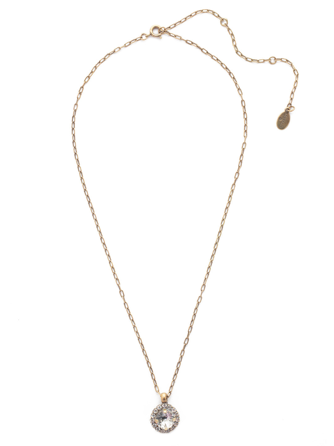 Haute Halo Pendant Necklace - NEX10AGCRY - <p>A single halo set round crystal hangs from a delicate adjustable chain. From Sorrelli's Crystal collection in our Antique Gold-tone finish.</p>