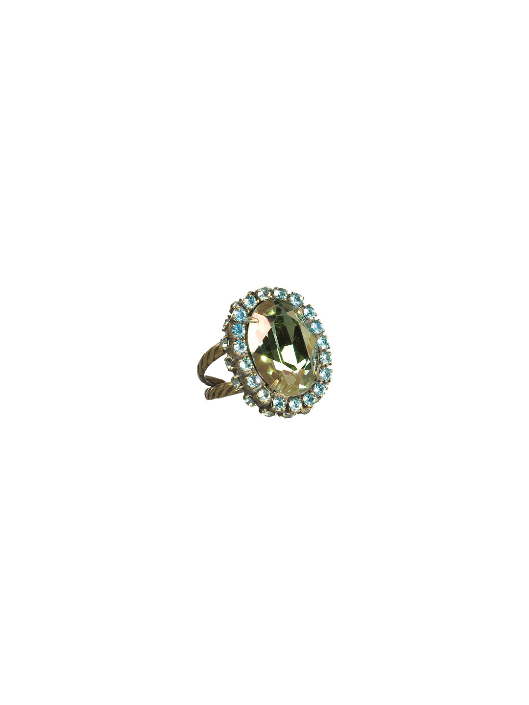 Glamorous Oval-Cut Cocktail Ring - RBT68AGAQB - <p>A jewelry collection must! This glamorous ring features a bold oval cut center crystal surrounded by crystal accents that sits on a braided band to create an antique classic. Ring size: 7 (US) From Sorrelli's Aqua Bubbles collection in our Antique Gold-tone finish.</p>