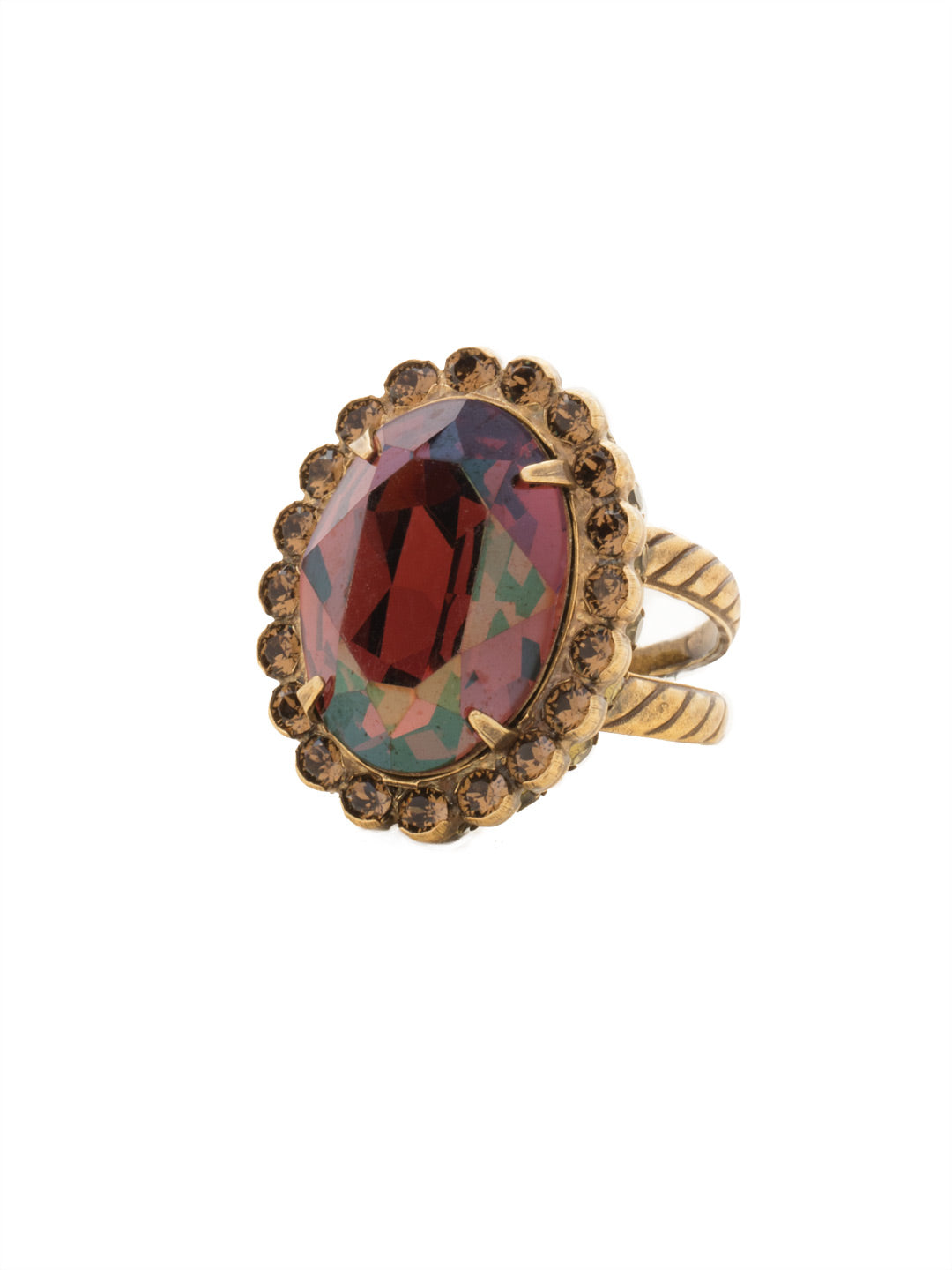 Glamorous Oval-Cut Cocktail Ring - RBT68AGGTA - <p>A jewelry collection must! This glamorous ring features a bold oval cut center crystal surrounded by crystal accents that sits on a braided band to create an antique classic. Ring size: 7 (US) From Sorrelli's Green Tapestry collection in our Antique Gold-tone finish.</p>