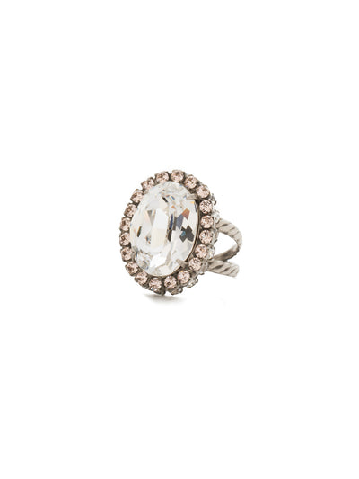 Glamorous Oval-Cut Cocktail Ring - RBT68ASSNB - <p>A jewelry collection must! This glamorous ring features a bold oval cut center crystal surrounded by crystal accents that sits on a braided band to create an antique classic. Ring size: 7 (US) From Sorrelli's Snow Bunny collection in our Antique Silver-tone finish.</p>