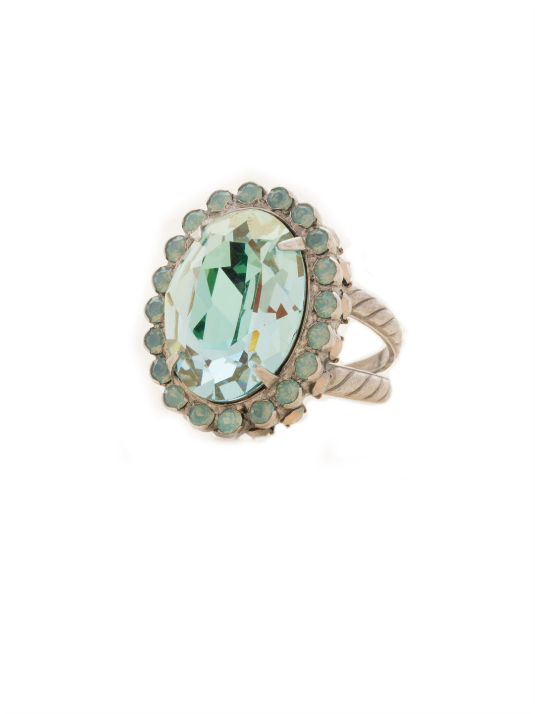 Glamorous Oval-Cut Cocktail Ring - RBT68ASTT - <p>A jewelry collection must! This glamorous ring features a bold oval cut center crystal surrounded by crystal accents that sits on a braided band to create an antique classic. Ring size: 7 (US) From Sorrelli's Teal Textile collection in our Antique Silver-tone finish.</p>