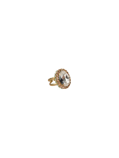 Glamorous Oval-Cut Cocktail Ring - RBT68BGCOR - <p>A jewelry collection must! This glamorous ring features a bold oval cut center crystal surrounded by crystal accents that sits on a braided band to create an antique classic. Ring size: 7 (US) From Sorrelli's Coral Reef collection in our Bright Gold-tone finish.</p>