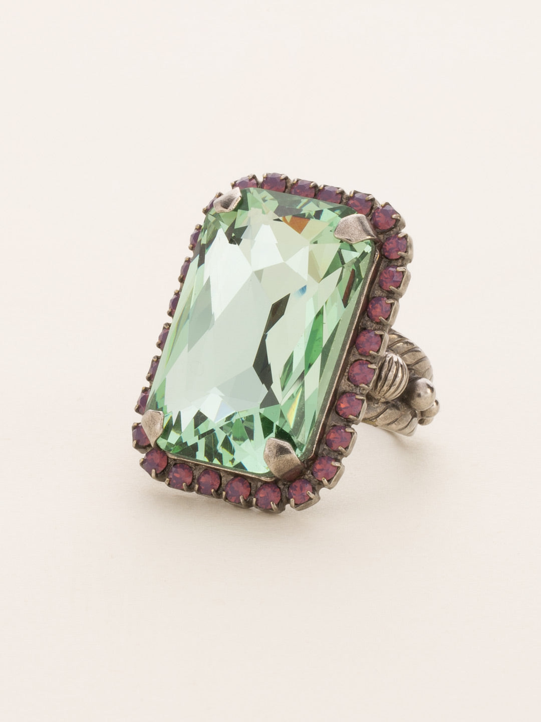 Luxurious Emerald-Cut Cocktail Ring - RBT69ASAFV - <p>Big, bold glamour! The large emerald cut crystal of this cocktail ring will leave all eyes on you! Ring size: 7 (US) From Sorrelli's African Violet collection in our Antique Silver-tone finish.</p>