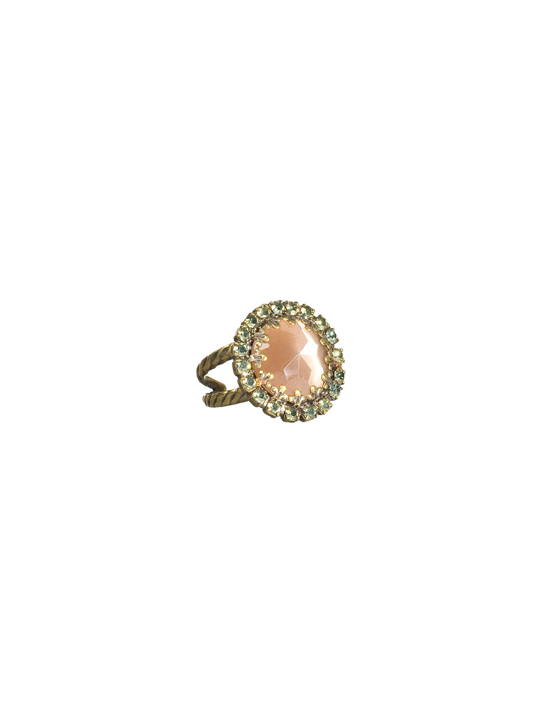 Circular Crystal Edge Accents Cocktail Ring - RBT75AGAQB - <p>Two rows of petite accent crystals highlight a brilliant round-cut crystal in this easy to wear style. Ring size: 7 (US) From Sorrelli's Aqua Bubbles collection in our Antique Gold-tone finish.</p>