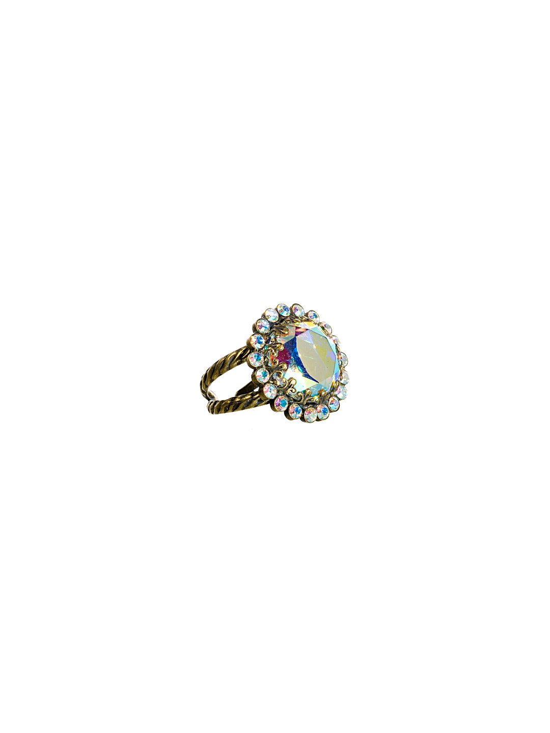 Circular Crystal Edge Accents Cocktail Ring - RBT75AGSMI - <p>Two rows of petite accent crystals highlight a brilliant round-cut crystal in this easy to wear style. Ring size: 7 (US) From Sorrelli's Smitten collection in our Antique Gold-tone finish.</p>