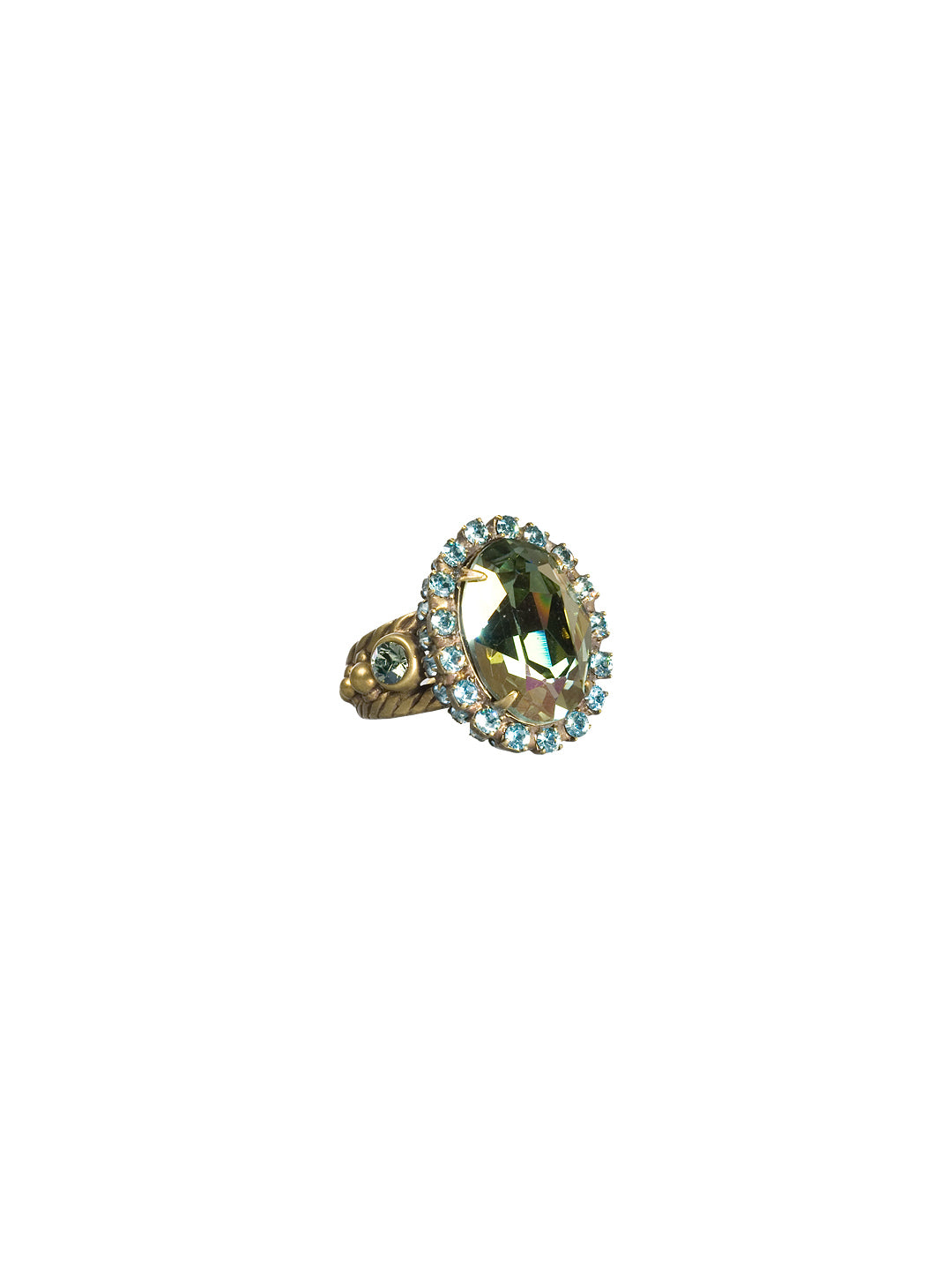 Oval Crystal Cocktail Ring - RBT77AGAQB - <p>A bold gorgeous round crystal cocktail ring will have all eyes on you! Ring size: 7 (US) From Sorrelli's Aqua Bubbles collection in our Antique Gold-tone finish.</p>