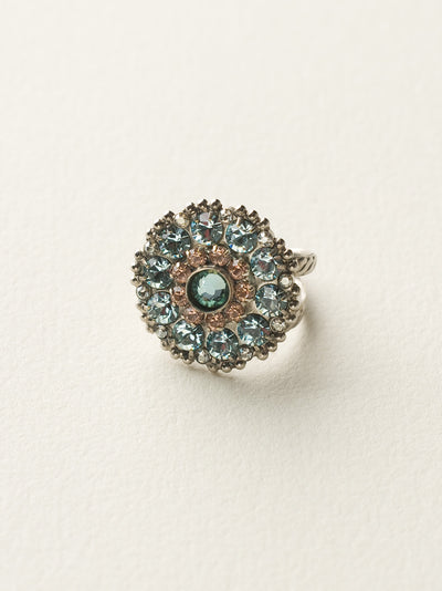 Charming Crystal Bloom Cocktail Ring - RBT78ASSKY - <p>Charming clusters of crystals in a subtle floral design make this ring a stand-out Ring size: 7 (US) From Sorrelli's Sky Blue Peach collection in our Antique Silver-tone finish.</p>