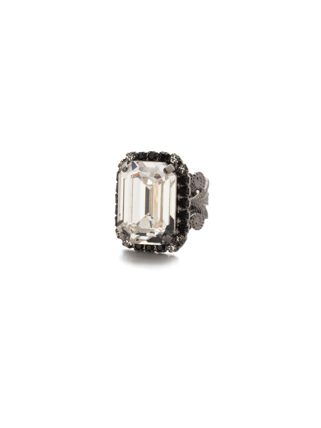 Petite Emerald-Cut Cocktail Ring - RCF9GMMMO - Too fine a piece to be overlooked! This classic ring features a large, central emerald cut crystal framed by a row of round gemstones set on an intricate, filigree band. From Sorrelli's Midnight Moon collection in our Gun Metal finish.