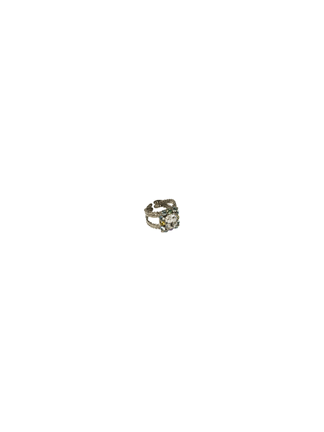 Emerald Cut Crystal Border Cocktail Ring - RCG13ASRW - <p>Beauty is in the eye of the beholder. You too, will want to behold this classic piece. A prong set emerald cut stone sits in the center of this piece and is surrounded by round cut crystals in a bezel setting. Placed on an antique double rope weave band, this is a piece that deserves a place in any distinctive jewelry collection. Ring size: 7 (US) From Sorrelli's Running Water collection in our Antique Silver-tone finish.</p>