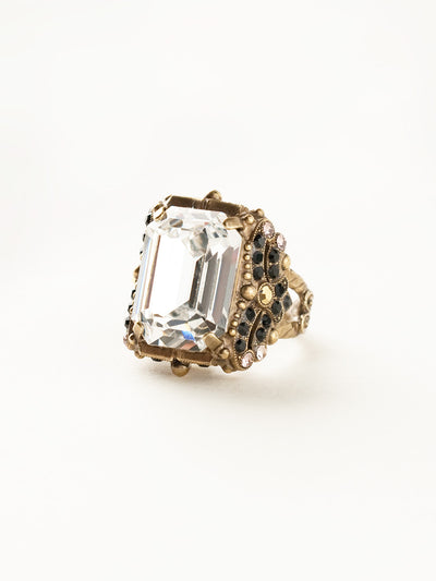 Snowflake Cocktail Ring - RCK2AGBF - <p>All around glitz and glam! This ornate cocktail ring gleams at every angle. With its elegant cushion-cut octagon crystal, you're sure to attract the eyes of many. Ring size: 7 (US) From Sorrelli's Black Fringe collection in our Antique Gold-tone finish.</p>