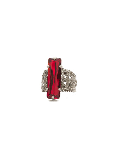 Sweet As Sugar Baguette Cocktail Ring - RCK5ASRRU - <p>Set in a wide filigree braided double band. Ring size: 7 (US) From Sorrelli's Red Ruby collection in our Antique Silver-tone finish.</p>