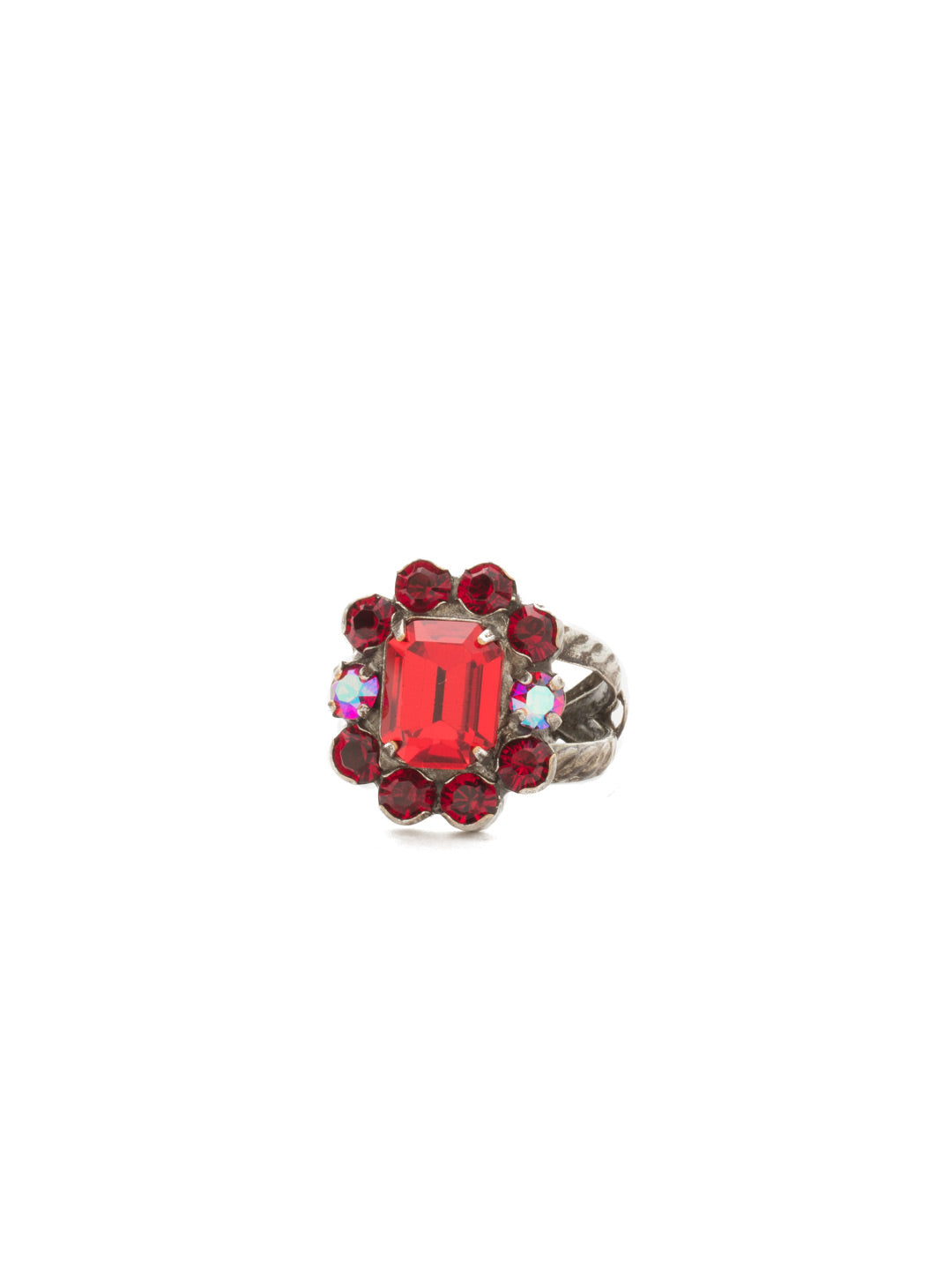 Bouquet Cocktail Ring - RCM10ASRRU - <p>Filigree design with lots of shine! Square crystal surrounded by sparkle on this ring creates a flowering effect. Add some more nature inspired jewels for a bouquet look. Ring size: 7 (US) From Sorrelli's Red Ruby collection in our Antique Silver-tone finish.</p>