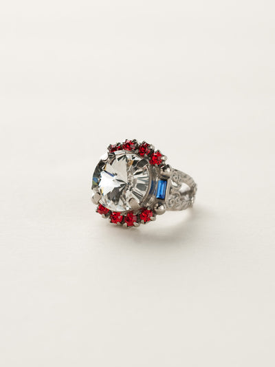 Round Crystal Encrusted Cocktail Ring - RCQ43ASUSA - <p>A large round gemstone surrounded by petite round crystals works as the focal point of this cocktail ring. Which is further accented by an ornate decorative band. Ring size: 7 (US) From Sorrelli's Stars and Stripes collection in our Antique Silver-tone finish.</p>