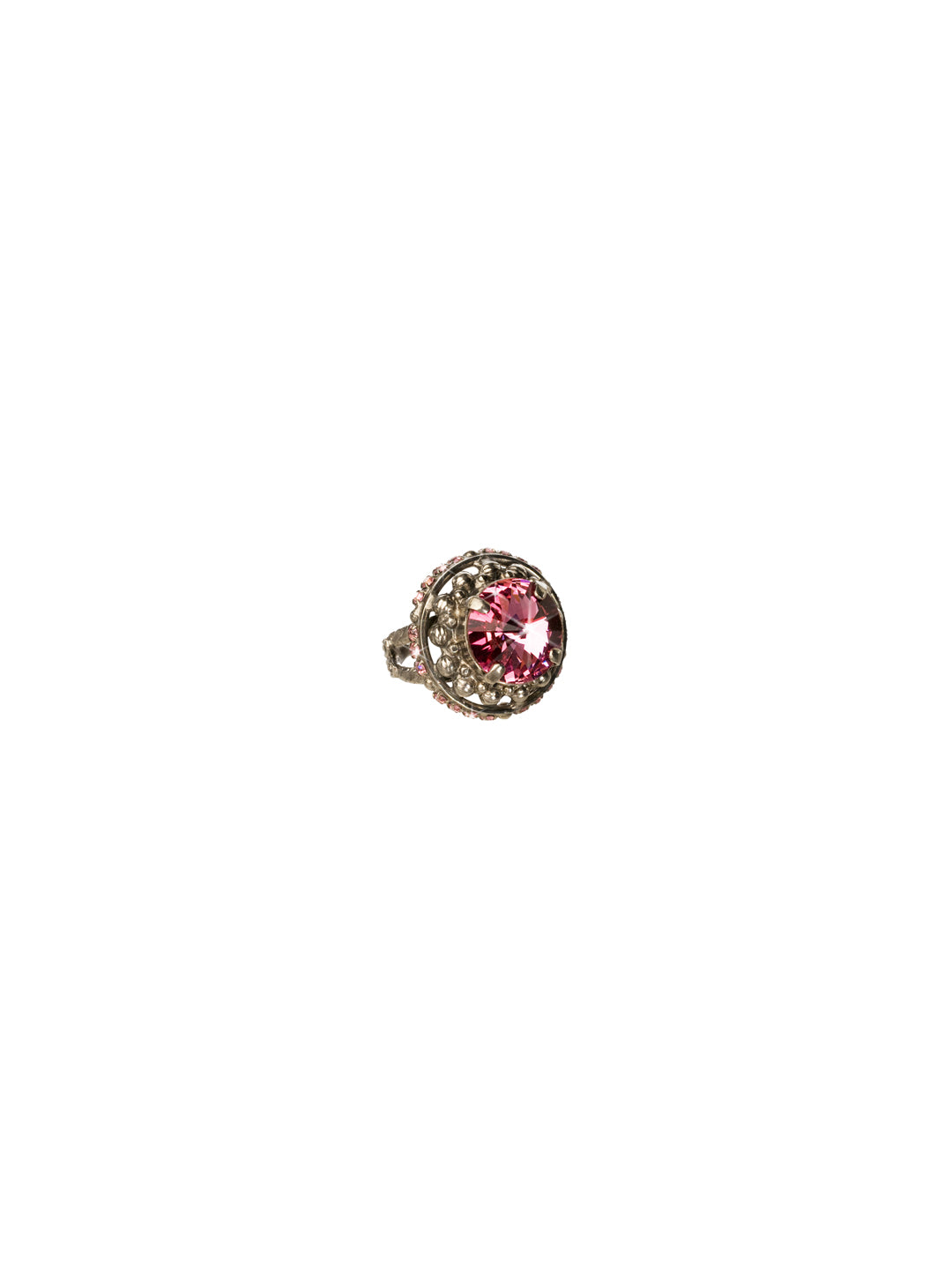 Wrapped Around Your Finger Cocktail Ring - RCQ45ASSWH - <p>This ornate bauble places a large round jewel into a vintage setting and wraps it with smaller stones and a delicate design. This ring is the perfect way to add some sparkle to any occasion! Ring size: 7 (US) From Sorrelli's Sweetheart collection in our Antique Silver-tone finish.</p>