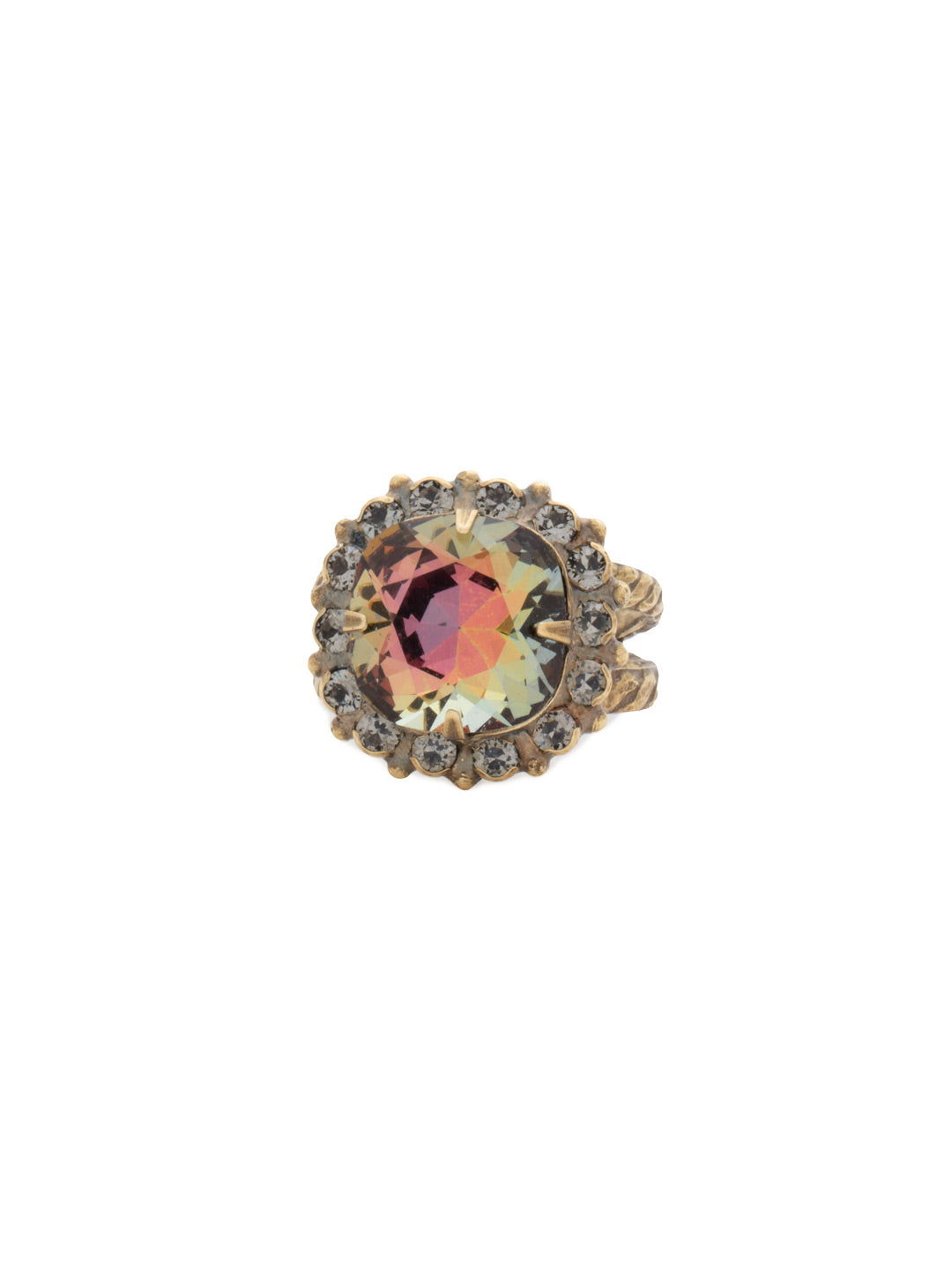 Cushion-Cut Cocktail Ring - RCR112AGCRP - <p>Simply elegant! This classic ring features a central faceted cushion-cut crystal encircled by a row of small round gemstones. Ring size: 7 (US) From Sorrelli's Crystal Patina collection in our Antique Gold-tone finish.</p>