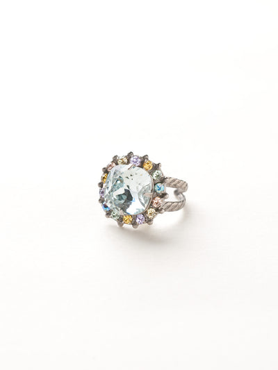 Cushion-Cut Cocktail Ring - RCR112ASRW - <p>Simply elegant! This classic ring features a central faceted cushion-cut crystal encircled by a row of small round gemstones. Ring size: 7 (US) From Sorrelli's Running Water collection in our Antique Silver-tone finish.</p>