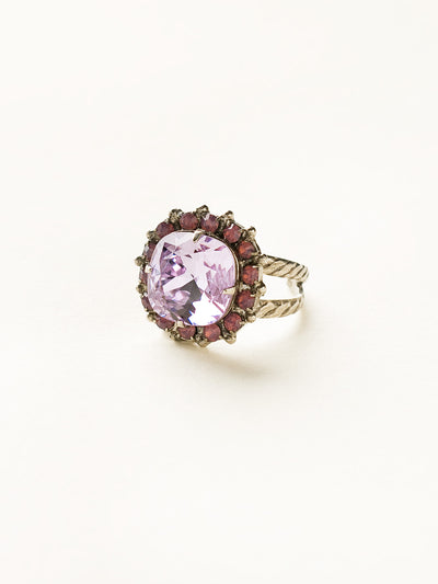 Cushion-Cut Cocktail Ring - RCR112ASVE - <p>Simply elegant! This classic ring features a central faceted cushion-cut crystal encircled by a row of small round gemstones. Ring size: 7 (US) From Sorrelli's Violet Eyes collection in our Antique Silver-tone finish.</p>