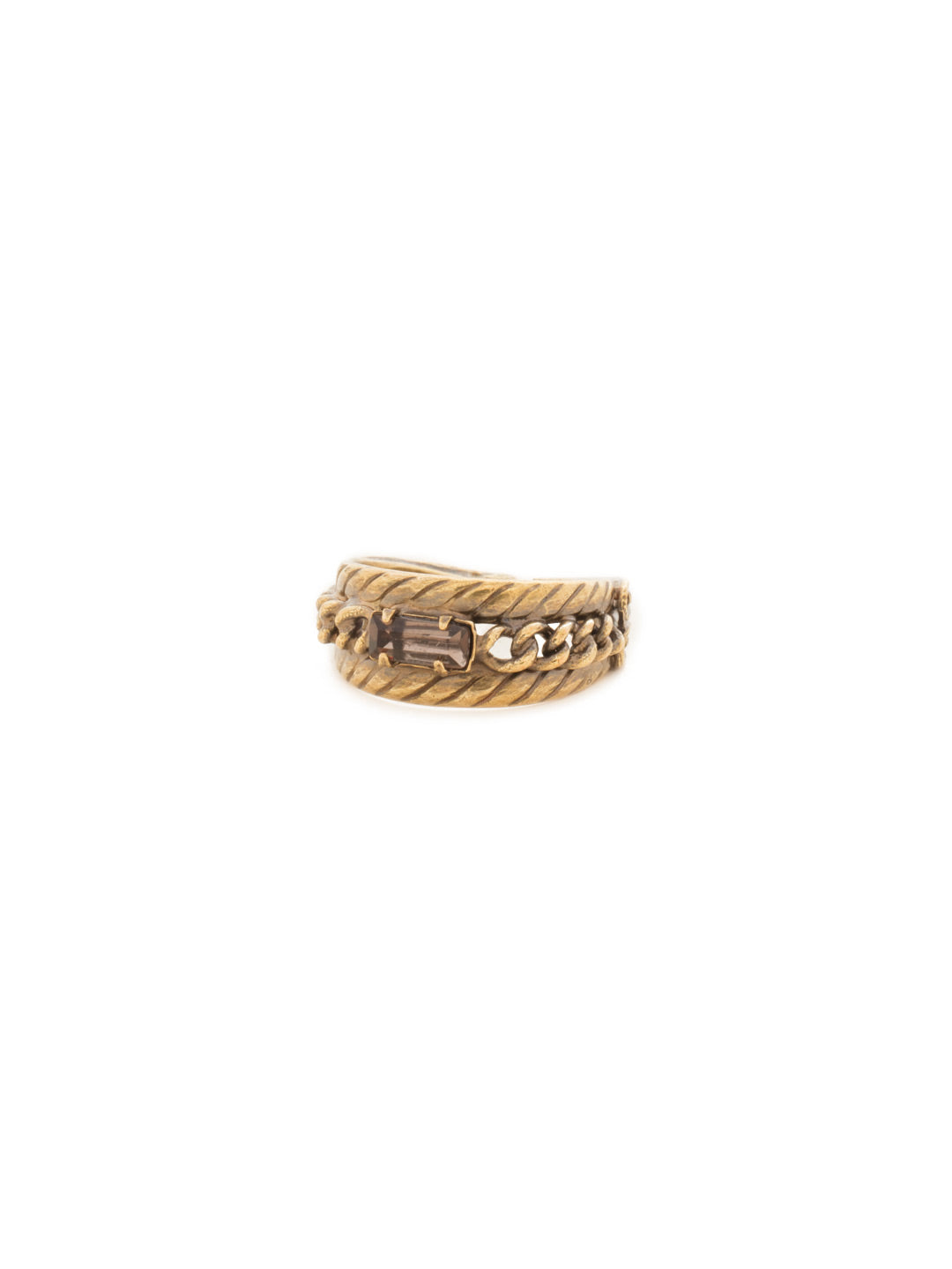 Petite Braided Baguette Cocktail Ring - RCT28AGGTA - <p>This stackable ring features a petite baguette crystal set between two braided bands, which is further accented by delicate, metal chain. Ring size: 7 (US) From Sorrelli's Green Tapestry collection in our Antique Gold-tone finish.</p>