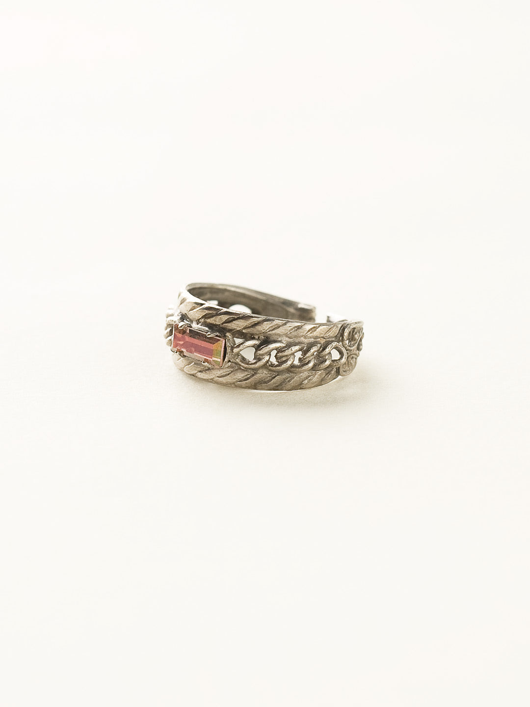 Petite Braided Baguette Cocktail Ring - RCT28ASCRM - <p>This stackable ring features a petite baguette crystal set between two braided bands, which is further accented by delicate, metal chain. Ring size: 7 (US) From Sorrelli's Crystal Moss collection in our Antique Silver-tone finish.</p>