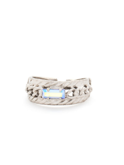 Petite Braided Baguette Cocktail Ring - RCT28ASIB - <p>This stackable ring features a petite baguette crystal set between two braided bands, which is further accented by delicate, metal chain. Ring size: 7 (US) From Sorrelli's Ice Blue collection in our Antique Silver-tone finish.</p>