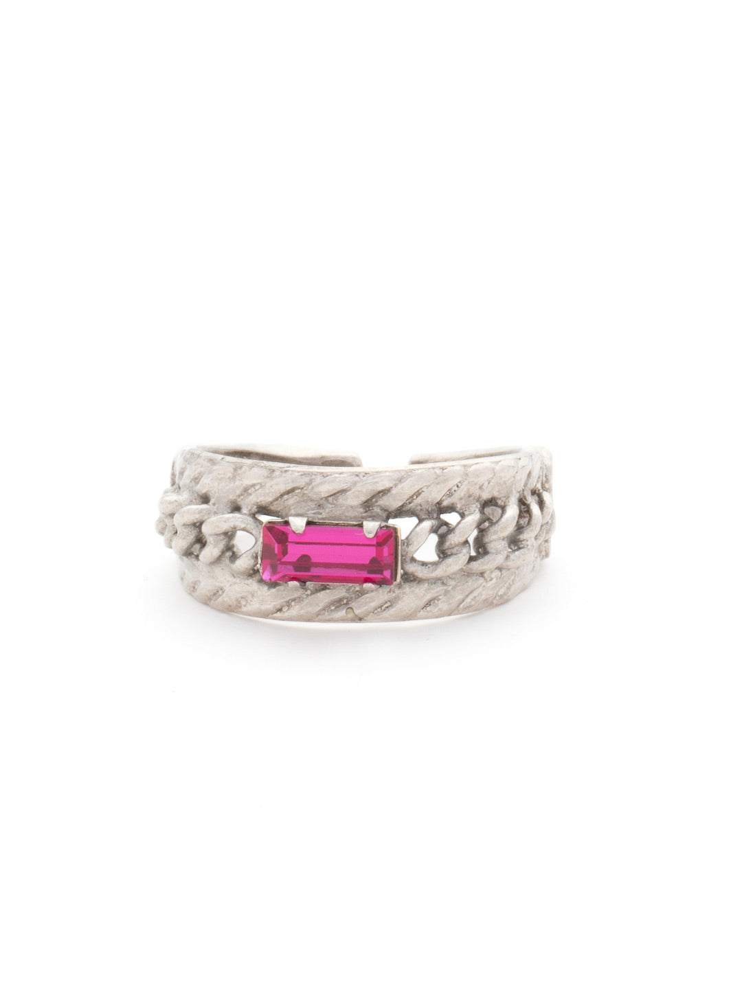 Petite Braided Baguette Cocktail Ring - RCT28ASNL - <p>This stackable ring features a petite baguette crystal set between two braided bands, which is further accented by delicate, metal chain. Ring size: 7 (US) From Sorrelli's Northern Lights collection in our Antique Silver-tone finish.</p>