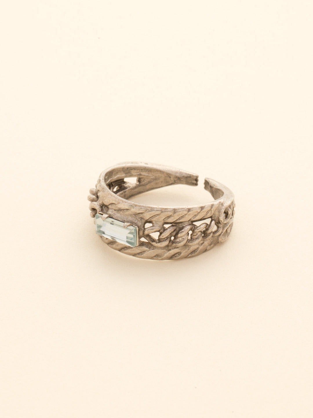 Petite Braided Baguette Cocktail Ring - RCT28ASRW - <p>This stackable ring features a petite baguette crystal set between two braided bands, which is further accented by delicate, metal chain. Ring size: 7 (US) From Sorrelli's Running Water collection in our Antique Silver-tone finish.</p>