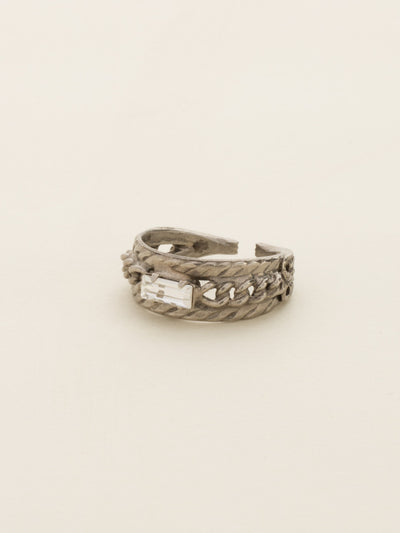 Petite Braided Baguette Cocktail Ring - RCT28ASSNB - <p>This stackable ring features a petite baguette crystal set between two braided bands, which is further accented by delicate, metal chain. Ring size: 7 (US) From Sorrelli's Snow Bunny collection in our Antique Silver-tone finish.</p>