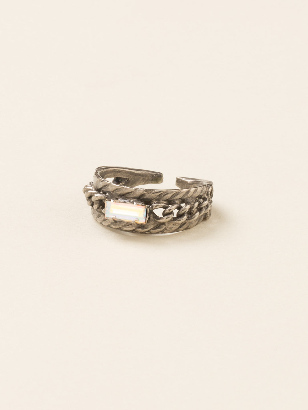 Petite Braided Baguette Cocktail Ring - RCT28ASWBR - <p>This stackable ring features a petite baguette crystal set between two braided bands, which is further accented by delicate, metal chain. Ring size: 7 (US) From Sorrelli's White Bridal collection in our Antique Silver-tone finish.</p>