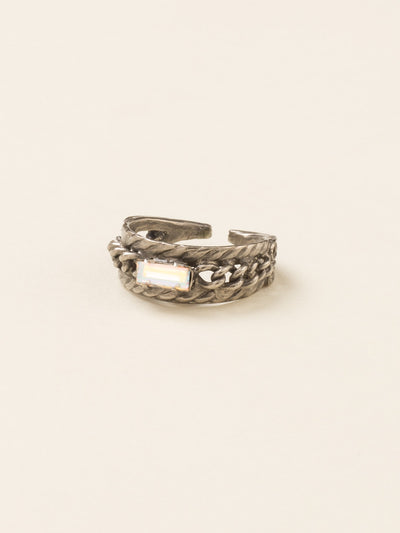 Petite Braided Baguette Cocktail Ring - RCT28ASWBR - <p>This stackable ring features a petite baguette crystal set between two braided bands, which is further accented by delicate, metal chain. Ring size: 7 (US) From Sorrelli's White Bridal collection in our Antique Silver-tone finish.</p>