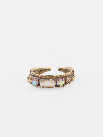 Petite Stackable Baguette Crystal Cocktail Ring - RCT3AGNT - <p>A baguette crystal is the center piece of this petite stackable ring. Wear this ring alone for a touch of sparkle, or pair it with our other petite stackables to a create a modern, stacked look. Ring size: 7 (US) From Sorrelli's Neutral Territory collection in our Antique Gold-tone finish.</p>