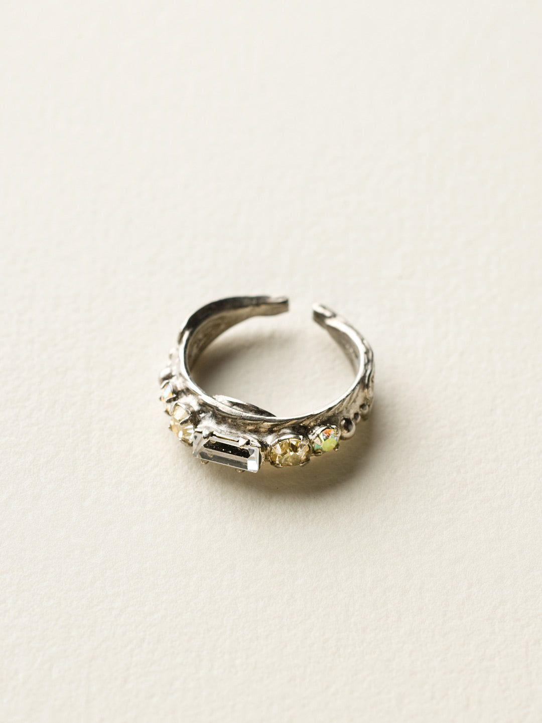 Petite Stackable Baguette Crystal Cocktail Ring - RCT3ASLZ - <p>A baguette crystal is the center piece of this petite stackable ring. Wear this ring alone for a touch of sparkle, or pair it with our other petite stackables to a create a modern, stacked look. Ring size: 7 (US) From Sorrelli's Lemon Zest collection in our Antique Silver-tone finish.</p>