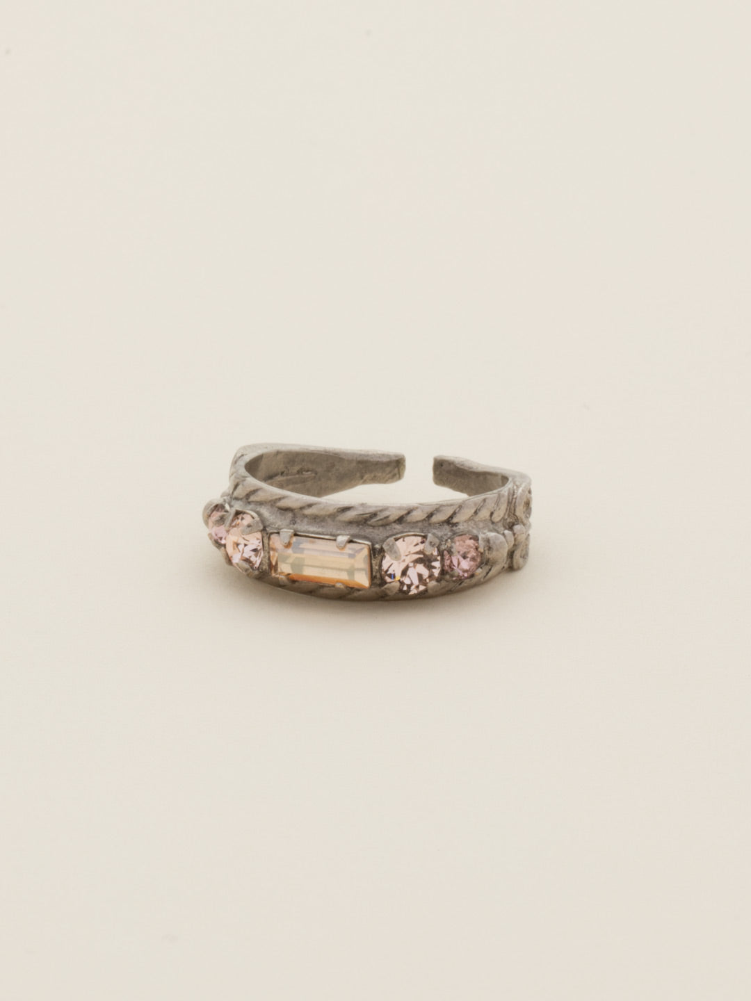 Petite Stackable Baguette Crystal Cocktail Ring - RCT3ASSBL - <p>A baguette crystal is the center piece of this petite stackable ring. Wear this ring alone for a touch of sparkle, or pair it with our other petite stackables to a create a modern, stacked look. Ring size: 7 (US) From Sorrelli's Satin Blush collection in our Antique Silver-tone finish.</p>