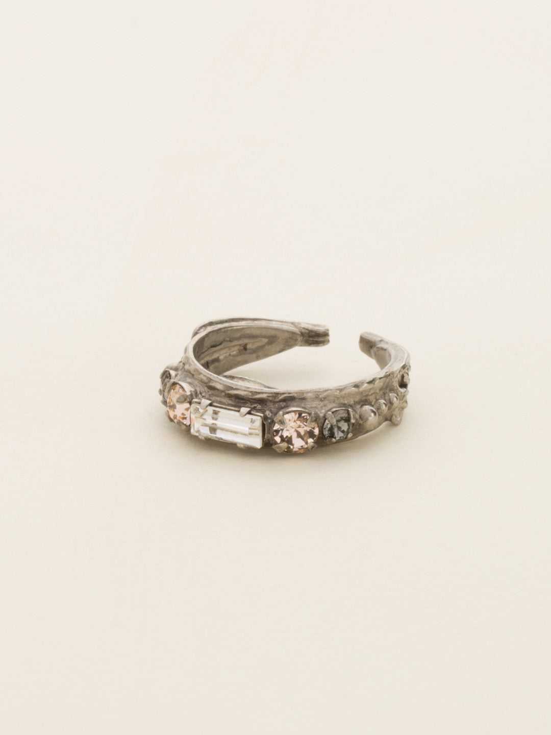 Petite Stackable Baguette Crystal Cocktail Ring - RCT3ASSNB - <p>A baguette crystal is the center piece of this petite stackable ring. Wear this ring alone for a touch of sparkle, or pair it with our other petite stackables to a create a modern, stacked look. Ring size: 7 (US) From Sorrelli's Snow Bunny collection in our Antique Silver-tone finish.</p>