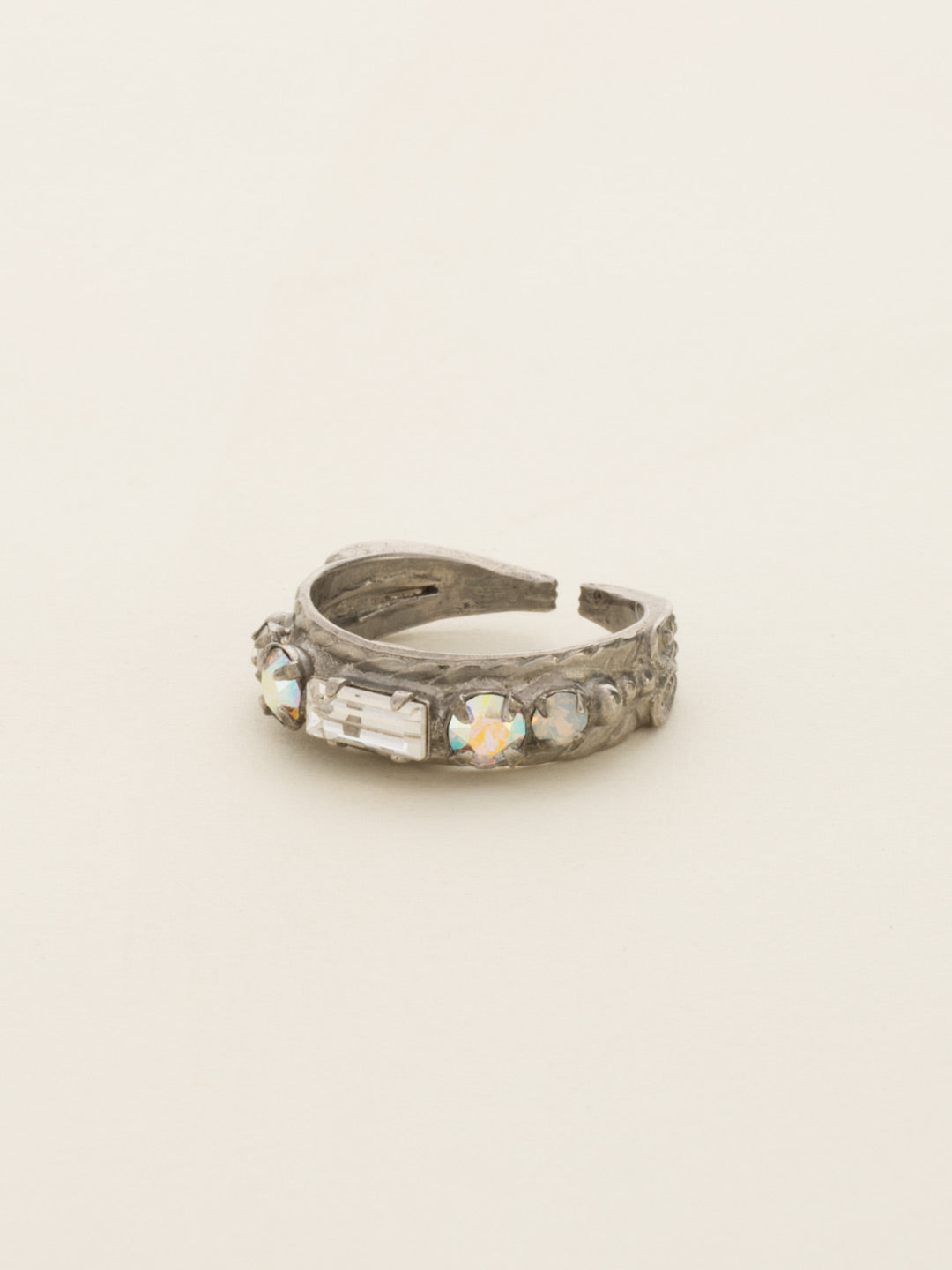 Petite Stackable Baguette Crystal Cocktail Ring - RCT3ASWBR - <p>A baguette crystal is the center piece of this petite stackable ring. Wear this ring alone for a touch of sparkle, or pair it with our other petite stackables to a create a modern, stacked look. Ring size: 7 (US) From Sorrelli's White Bridal collection in our Antique Silver-tone finish.</p>