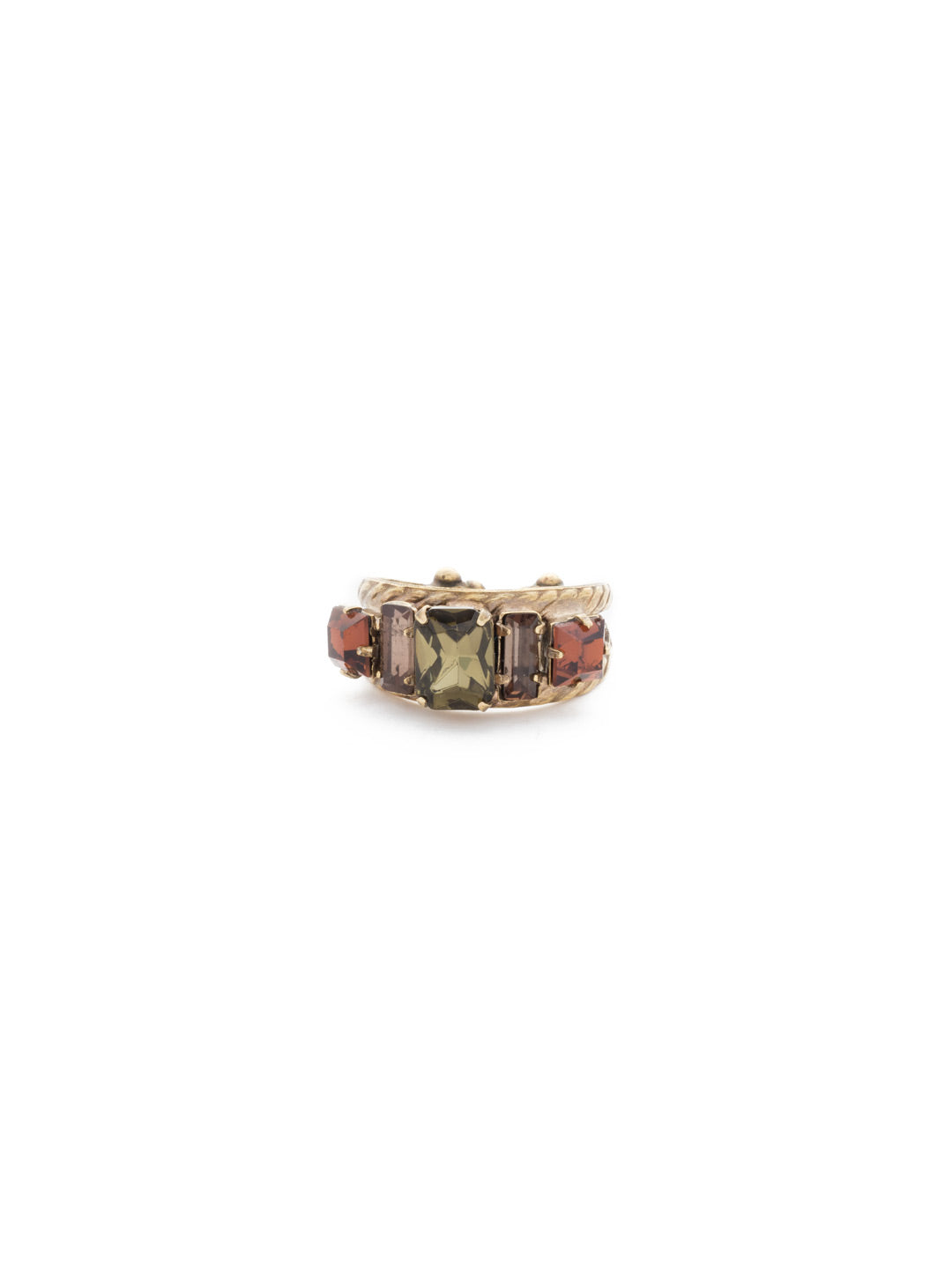 Geometric Crystal Double Band Cocktail Ring - RDA2AGGTA - <p>Emerald-cut, baguette, and square crystals all sit in a row on this geometric ring. A braided double band features a decorative metal design. Ring size: 7 (US) From Sorrelli's Green Tapestry collection in our Antique Gold-tone finish.</p>