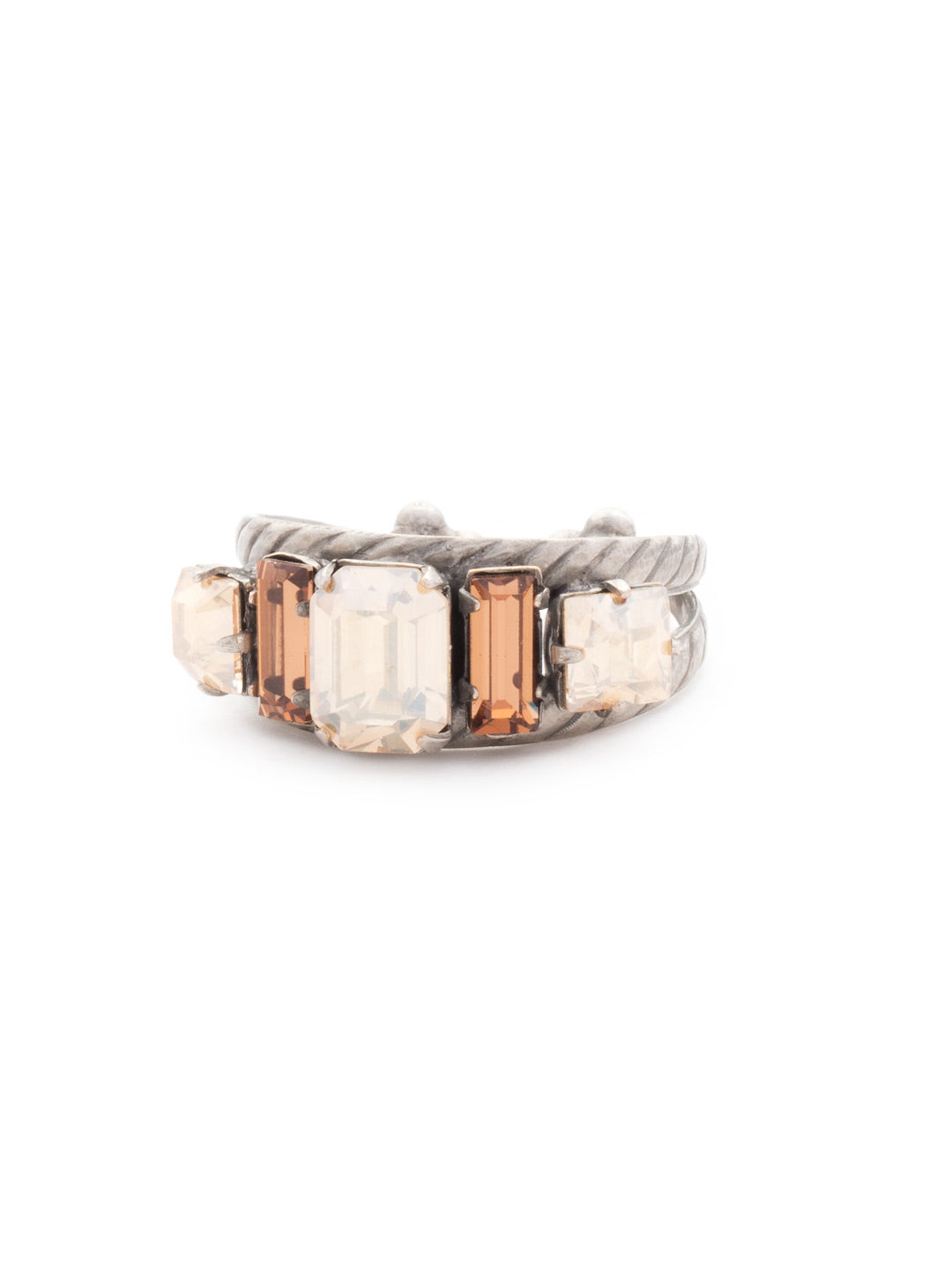 Geometric Crystal Double Band Cocktail Ring - RDA2ASSND - <p>Emerald-cut, baguette, and square crystals all sit in a row on this geometric ring. A braided double band features a decorative metal design. Ring size: 7 (US) From Sorrelli's Sand Dune collection in our Antique Silver-tone finish.</p>