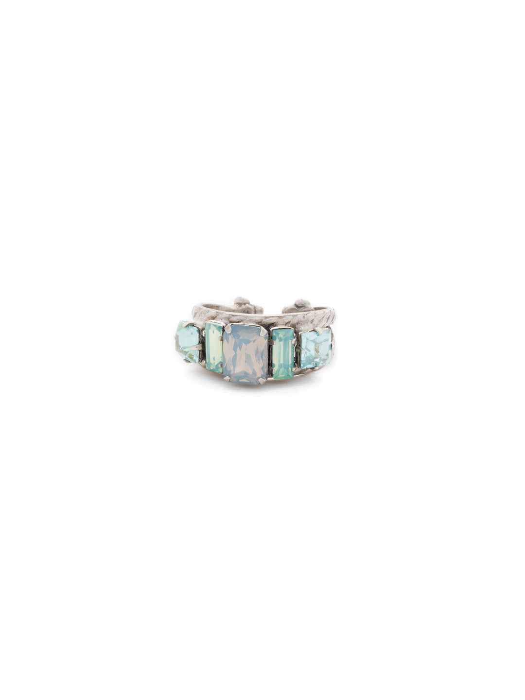 Geometric Crystal Double Band Cocktail Ring - RDA2ASTT - <p>Emerald-cut, baguette, and square crystals all sit in a row on this geometric ring. A braided double band features a decorative metal design. Ring size: 7 (US) From Sorrelli's Teal Textile collection in our Antique Silver-tone finish.</p>