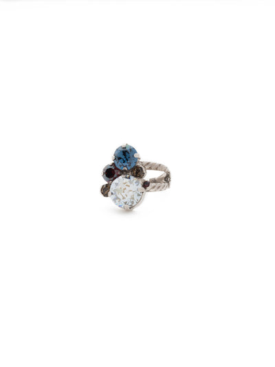 Crystal Assorted Rounds Stacked Ring - RDB11ASBBR - <p>This bubbly bauble features multi-sized round crystals in a cluster pattern atop an intricate braided double band. Ring size: 7 (US) From Sorrelli's Blue Brocade collection in our Antique Silver-tone finish.</p>