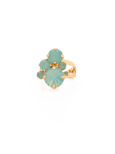 Crystal Assorted Rounds Stacked Ring - RDB11BGPAC - <p>This bubbly bauble features multi-sized round crystals in a cluster pattern atop an intricate braided double band. Ring size: 7 (US) From Sorrelli's Pacific Opal collection in our Bright Gold-tone finish.</p>