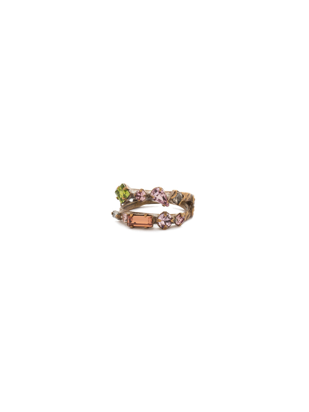 Delicate Multi-Cut Double Band Cocktail Ring - RDB4AGAG - <p>Stacking made easy! This delicate, double banded design features rows of multi-cut crystals. Ring size: 7 (US) From Sorrelli's Army Girl collection in our Antique Gold-tone finish.</p>